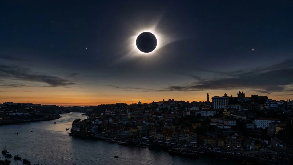 The eclipsed sun low over Porto and the Douro, seen from the water at dusk