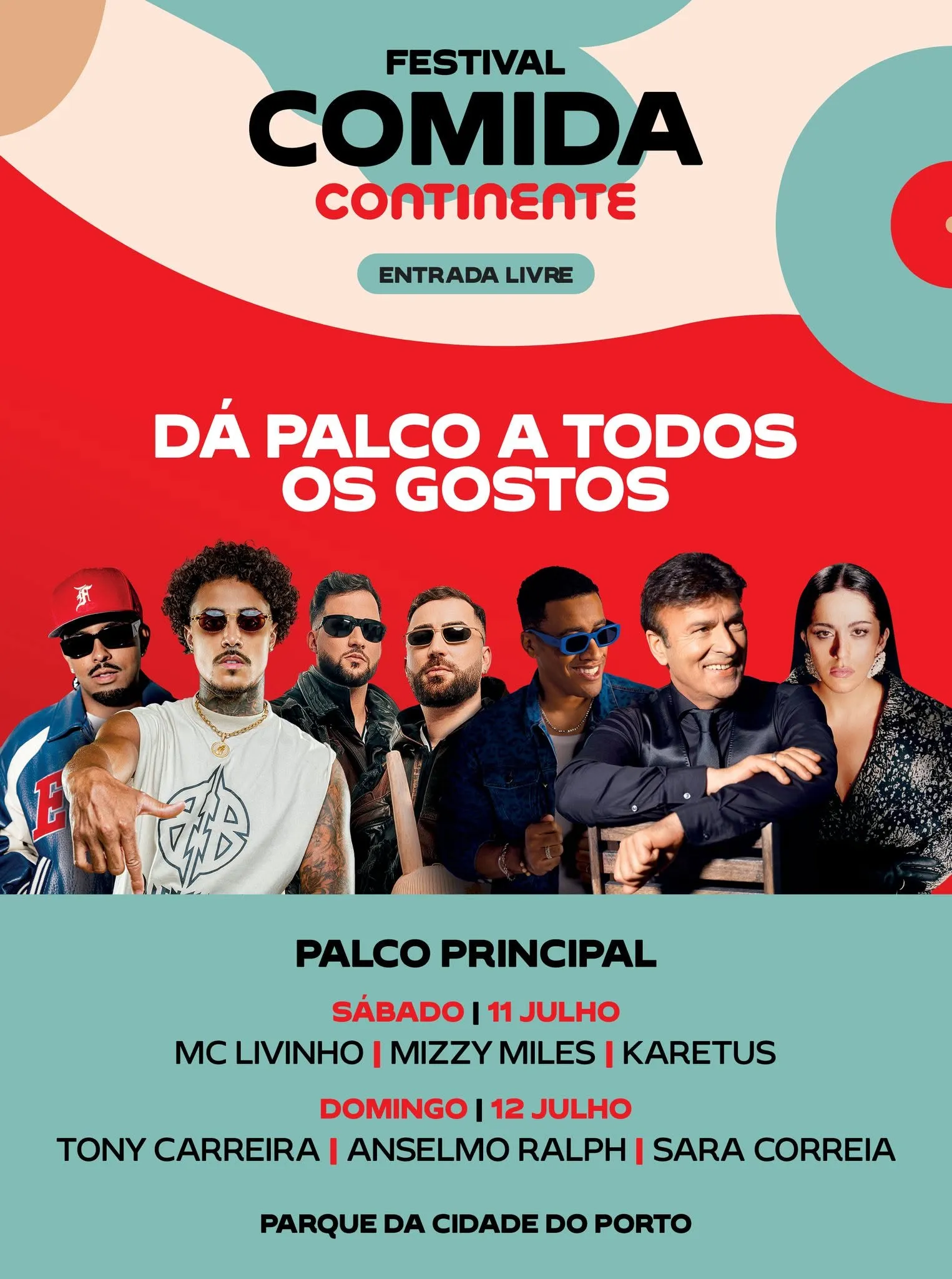 Official poster of the Festival da Comida Continente 2026 at Parque da Cidade do Porto, free entry, with the main-stage line-up for 11 and 12 July