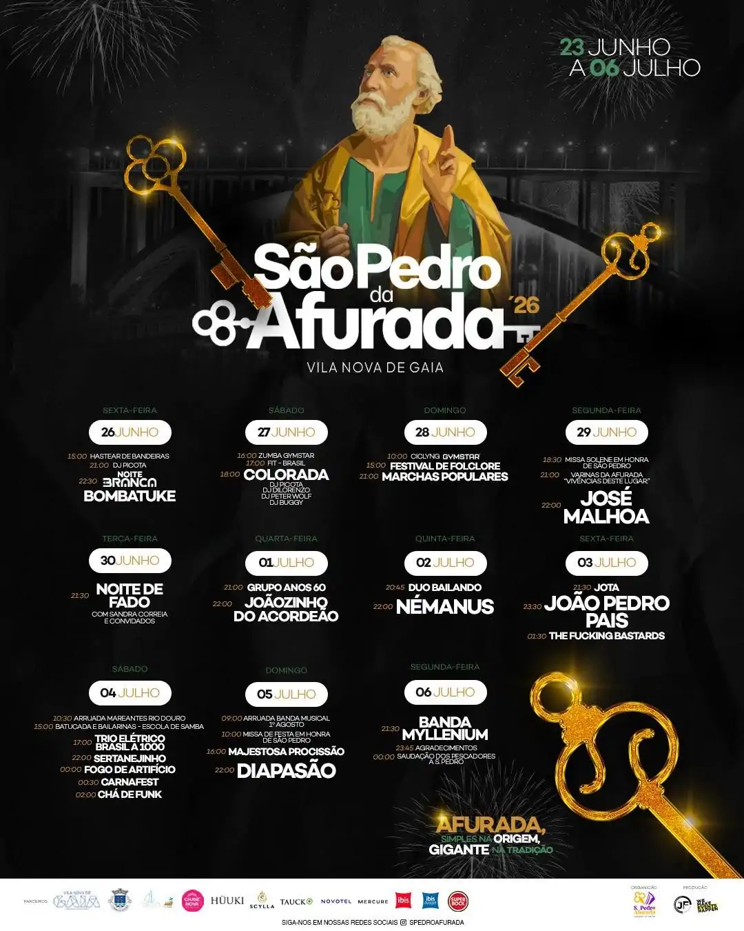 Official poster of the São Pedro da Afurada 2026 festival, with the full programme from 23 June to 6 July