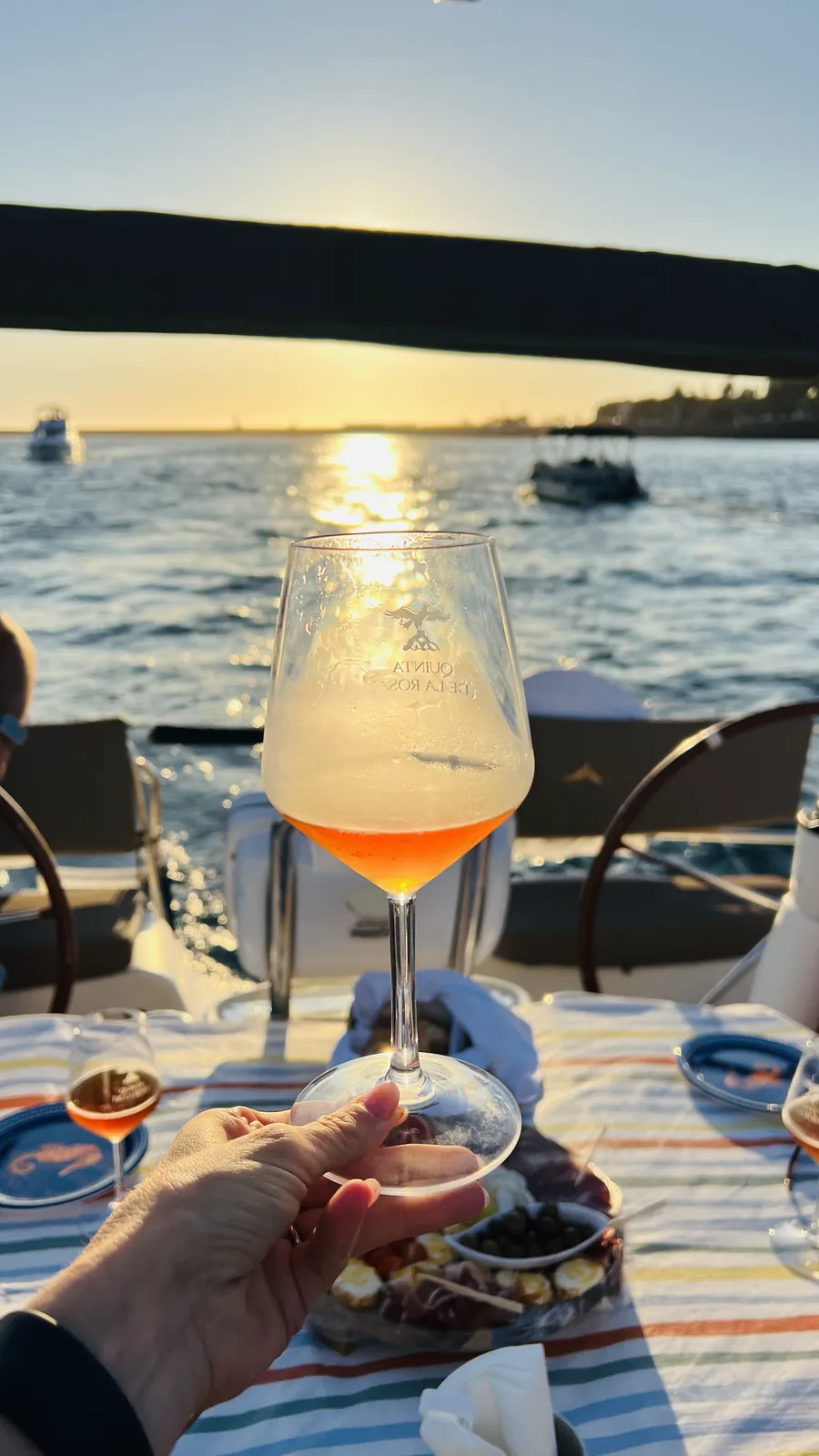 Glass of rose wine held up under the Arrabida Bridge at sunset in Porto